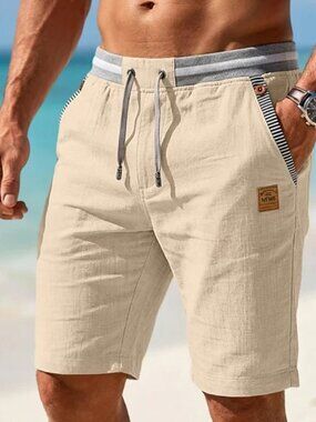Jon & Chrissy Jake Men's Linen Drawstring Beach Shorts Striped Waistband